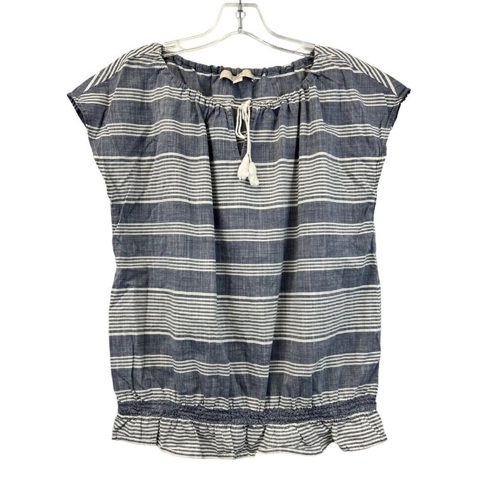 Ann Taylor Loft Cap Sleeve Elastic Waist Lightweight Top Blue/White Stripe Small